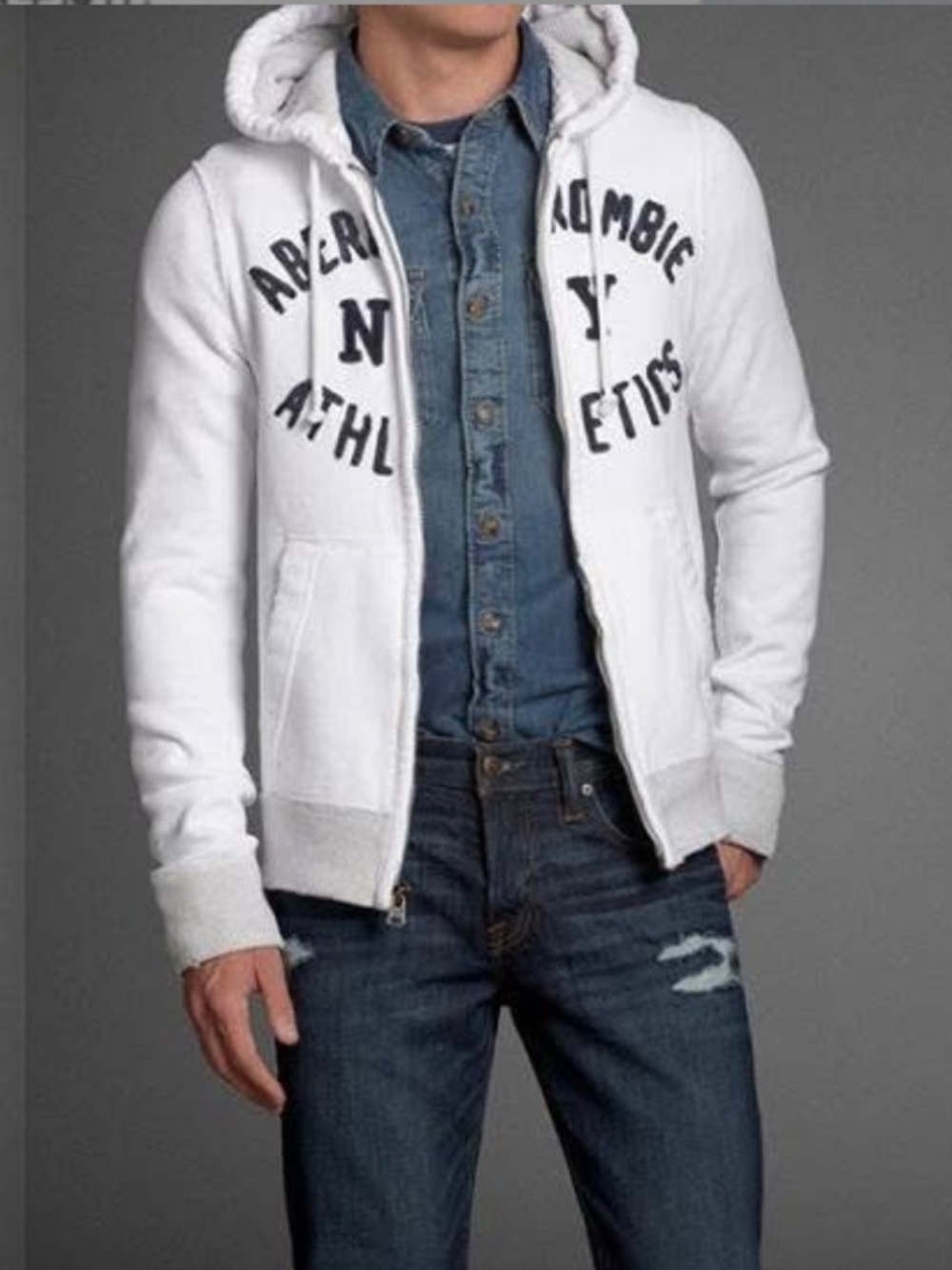 Abercrombie & Fitch Zip Up Logo Vintage Distressed Hoodie Ivory SZ M